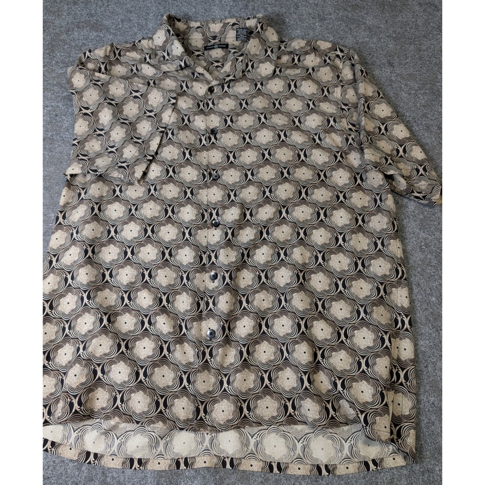 6A Short Sleeve Shirt 100% Silk Geometric Flower Design Black Taupe Men's L EUC